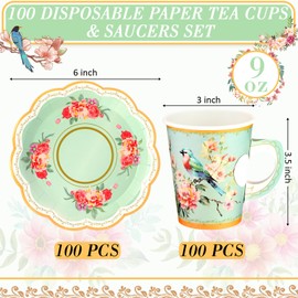 Yetene 300 Pcs disposable paper tea cups for tea party Bulk, include 9 oz Floral Paper Tea Cup Set with Handle and Saucers 10" vintage Napkins for Floral Tea Party Wedding Baby Shower(Green)
