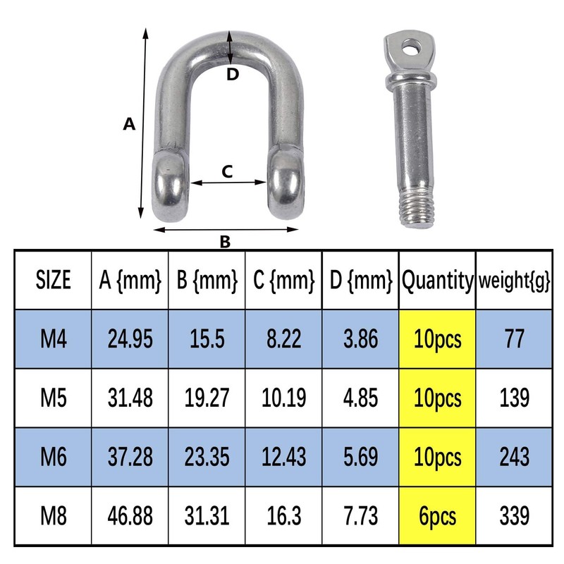 HVDHYY M6 D Shackles 304 Stainless Steel 10piece D Ring