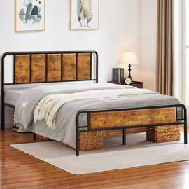 VECELO Queen Size Bed Frame with Wooden Headboard & Footboard,Queen Bed Metal Platform Mattress Foundation Strong Metal Slats Support No Box Spring Needed,Easy Assemble