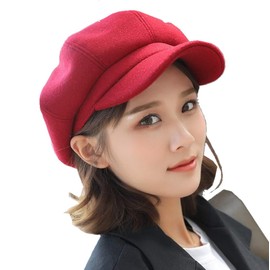 AMgrocery Women's Cap, 30% Wool Blend, Size Adjustable, Brim, Stylish, Autumn and Winter, Hunting Style (Red)
