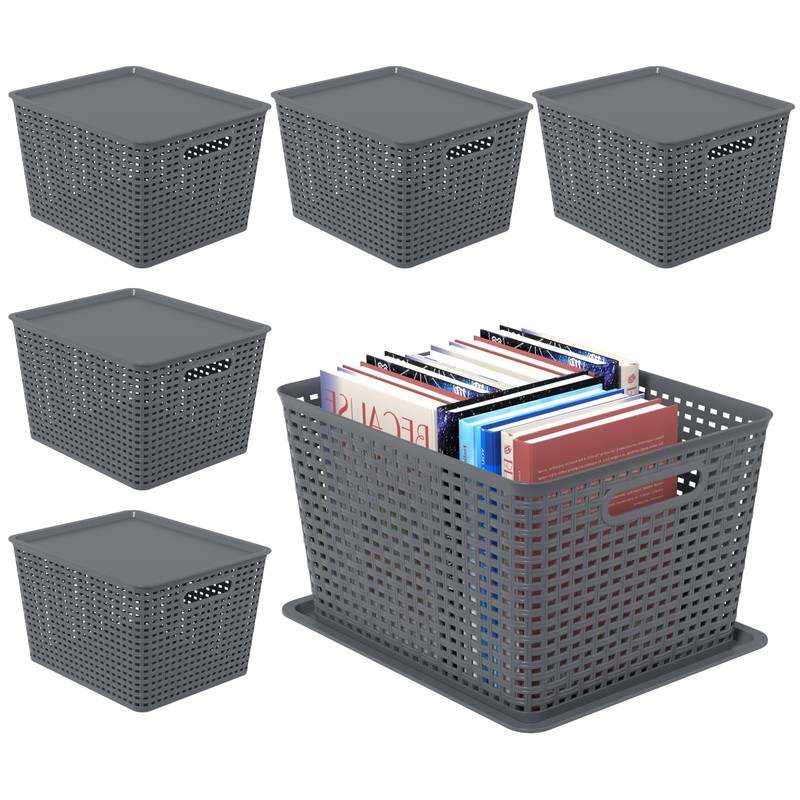 Qskely 6-Pack Large Plastic Storage Baskets with Lid, Gray
