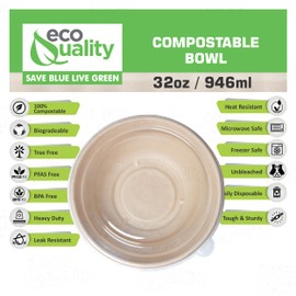 [250 Pack] 32 oz Round Disposable Compostable Paper Bowls with Dome Lids Heavy-Duty, Eco-Friendly Natural Bagasse Unbleached, Heat Resistant, 100% Biodegradable Salad Bowls Alternative to Plastic