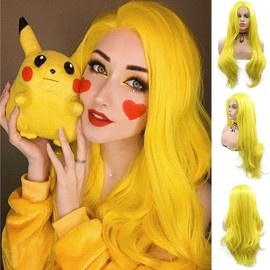 Yellow Curly Wigs for Women Lemon Yellow Long Wavy Lace Front Wigs Realistic Synthetic Hair Pre Plucked Natural Hairline Glueless Heat Resistant Fiber Cosplay Daily Party 24 Inch
