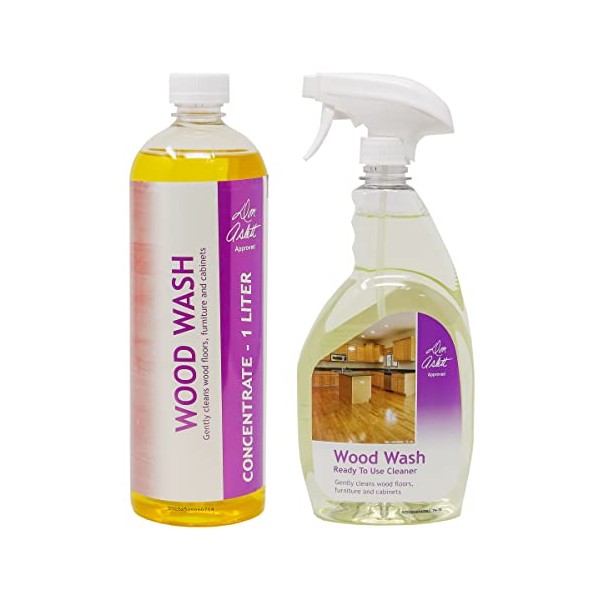 Don Aslett's Wood Wash Set (1 Liter Concentrate and 32 Oz Cleaner Spray Bottle) Cleans Dirt and Grease on Wooden Floors, Furniture, Cabinets | Ready-to-Use Solution for Enhanced Shine