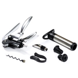 Vinturi Easily Removes Natural and Synthetic Corks Features a Traditional Lever Opener Pourer Pump and Stoppers Wine Accessories, 7-Piece, silver