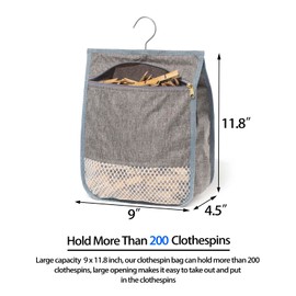 KOOZTI Laundry Clothespin Bag for Clothesline Outdoor, Clothes pin Bag with Zipper Closure, Large Opening, Large-Capacity Clothespin Storage Organizer with Hooks, Use YKK Zipper（Grey