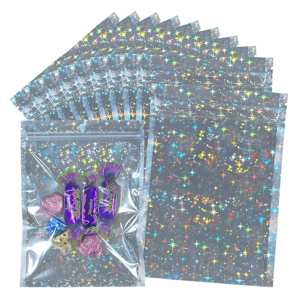 100pcs Holographic Mylar Bags 5.5x7.8 inch, Star Pattern Foil Sample Packaging Pouch Zip Lock Baggies For Candy Jewelry Lash Lip Gloss