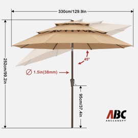 ABCCANOPY 11Ft 3 Tiers Market Umbrella, Outdoor Table Umbrella for Patio, Deck, Backyard (Khaki)