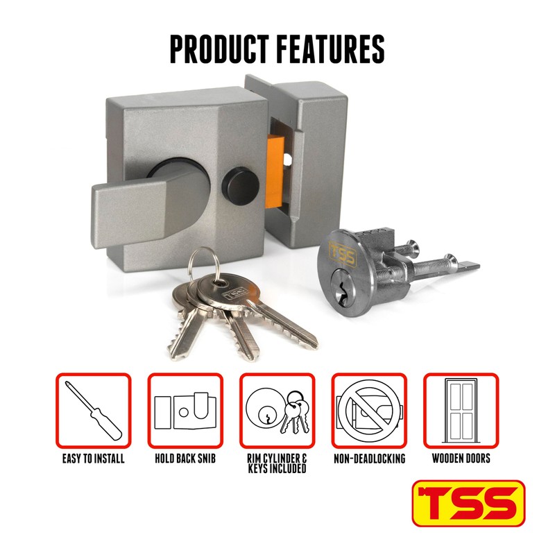 TSS Modern Non-Deadlocking Nightlatch, 40mm Backset, Complete with Rim Cylinder