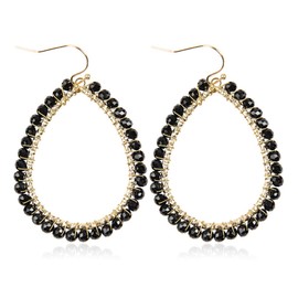 Bohemian Beaded Statement Earrings - Lightweight Sparkly Crystal Teardrop Dangle, Rainbow Marquise, Multi Color Oval Drop, Pearl Hoops (Beaded Hoop Teardrop - Black)