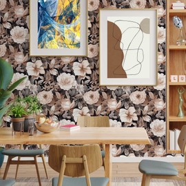 GRASKY Floral Wallpaper Peel and Stick Boho Leaf Flower Contact Paper, Self Adhesive Removable Waterproof Vintage Floral Wall Paper for Bedroom Walls Shelves Cabinet(Black,Gray,Brown) 17.71" X 236.2"