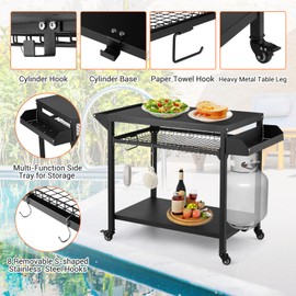 Hipicute Outdoor Grill Cart, Pizza Oven Table, Utility Cart with Wheels Dining Cart Table for Outside Patio, Movable Kitchen Cooking Prep Table BBQ Cart with Mesh Racks for Home Party, Bar, Camping
