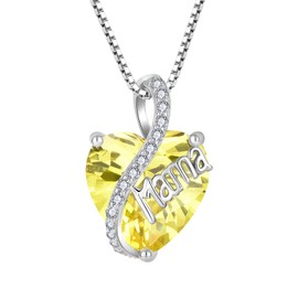 YL Mum Necklace 925 Sterling Silver Heart Pendant 12 Birthstone Cubic Zirconia Necklace Jewellery Gifts for Mother Wife Girlfriend Her, Silver, Cubic Zirconia