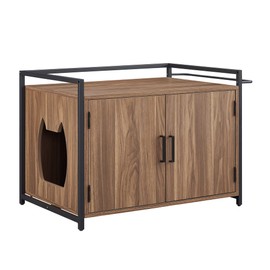 GOOD & GRACIOUS Hidden Cat Litter Box Furniture with Ventilation and Bench Seat, Pet Crate with Iron and Wood Sturdy Structure, Rustic Walnut