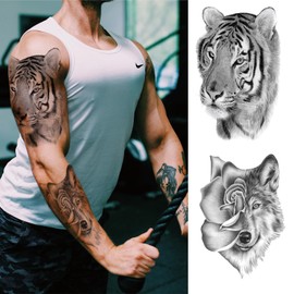 3D Tiger Temporary Tattoo For Men Women,Large Black Half Sleeve Realistic Animal Tiger Fake Tattoo Adult Teen, Long Lasting Lion Leopard Wolf Temp Tatoo Sticker Arm Chest Body Art Makeup, 8-Sheet