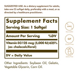 SOLGAR Solgar Vitamin D3 (Cholecalciferol) 125 MCG (5000 IU), 100 Softgels - Helps Maintain Healthy Bones & Teeth - Immune System Support - Non GMO, Gluten Free, Dairy Free - 100 Servings