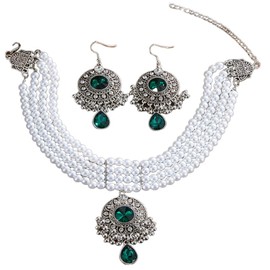 Layered Pearl Rhinestone Round Pendant Short Choker Necklace Earrings Wedding Bridal Elegant Women Jewelry Set Vintage Indian Waterdrop Crystal Antique Oxidized Jingle Bell Tassel Charm Collar Party,