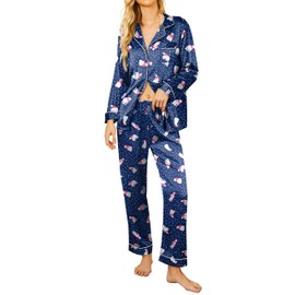 Ekouaer Silk Satin Pajamas Women's Long Sleeve Sleepwear Soft Button Down Pj Set 2 Piece Loungewear Blue with Polar Bear,M