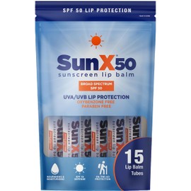 CoreTex Sun X 50 Lip Balm SPF 50 with Resealable Travel Bag - Pack of 15 Sunscreen Lip Balms (Protects Against UVA/UVB Rays) - Water Resistant Up to 80 Minutes and Free of Parabens & Oxybenzone