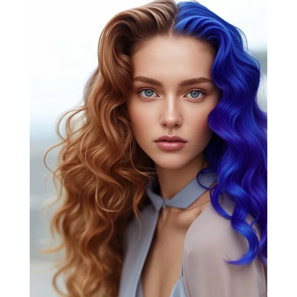 ATOZ Long Body Wave Half Brown Orange Half Blue Synthetic