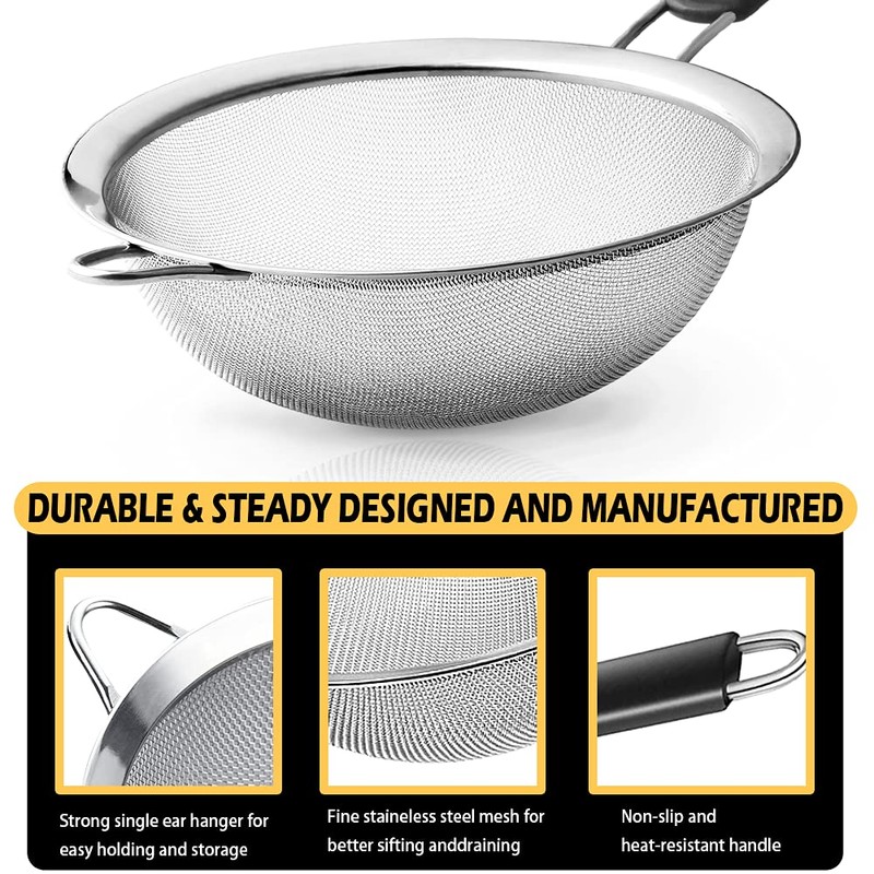 Stainless Steel Fine Mesh Strainers, Set of 3 Sizes Strainer