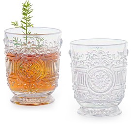 Sungmor Vintage Embossed Drinking Glasses Set of 2 - Clear Rainbow Tumbler Glasses, 10 oz Decorative Cups for Cocktails, Water or Juice - Antique Baroque Style Glassware