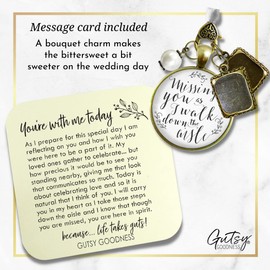 Memorial Wedding Bouquet Charm Missing You As I Walk Down Aisle Vintage Bronze White Glass Pendant Jewelry White Bead 2 Picture Frames Loving Keepsake for Bride DIY Photo Template