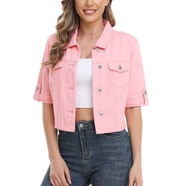 MISS MOLY Women's Cropped Denim Jackets Summer Short Sleeve Classic Casual Jean Jackets (Pink, Small)