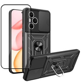 MEMELOKA Hülle für Honor 400 Pro mit Schutzfolie, Kratzfest Militär Schutzhülle + 360° Drehbarer Ständer, TPU Stoßfeste Bumper Handyhülle mit Kamera Schiebeabdeckung, Schwarz