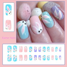 Square Easter Fake Nails Medium Press on Nails Gloss Acrylic Cute Bunny Full Cover False Nails Colorful Acrylic Nails Easter Press on Nails Medium Length Easter False Nails with Designs