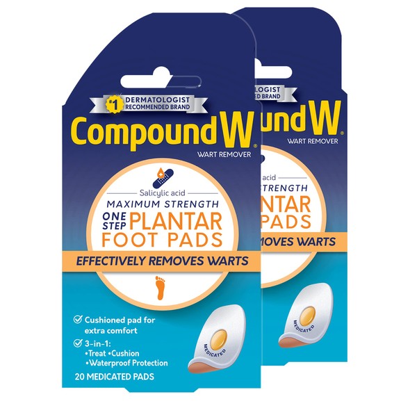 Compound W Maximum Strength One Step Plantar Wart Remover Foot Pads, 20 CT, 2 Pack