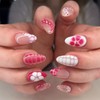 24pcs Red White Almond Shape Fake Nails Flower French Tip