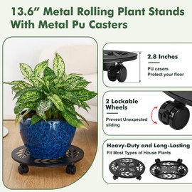 Planterhoma 2 Packs 12 Inch Rolling Plant Stand with Wheels Metal Plant Caddy with Wheels Heavy Duty Plant Rollers with Wheels Round Wrought Iron Plant Stand with Clear Saucers, Matte Black