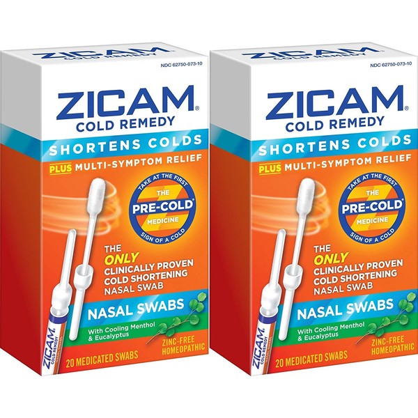 Zicam Cold Remedy Nasal Swabs with Cooling Menthol & Eucalyptus, 20 Count (Pack of 2)