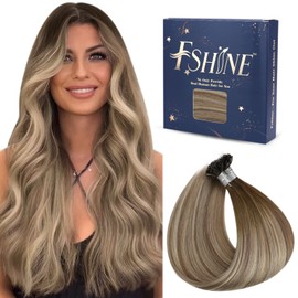 Fshine Keratin Bondings Pro Strands Real Hair Extensions 40 cm Pre Bonded Hair Extensions Dark Brown to Ash Brown Highlight Medium Blonde 50 g U-Tip Real Hair 1 g/Strand #3/8/22