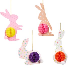 Easter Hanging Decorations,4Pcs Easter Bunny Honeycomb Paper Ball Decor Cute Colorful Rabbit With 3D Honeycomb Hanging Pendant Ornament Gifts For Kids Easter Home Wall Door Tree Window Party Favour