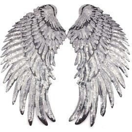 CattleyaHQ 1 Pair of Sequin Wings Appliques, Large Glitter Wing Patches, Angel Wings Patch, Embroidered Motif Fancy Dress for Clothing, Sew-on, DIY Design Embellishments (Silver)