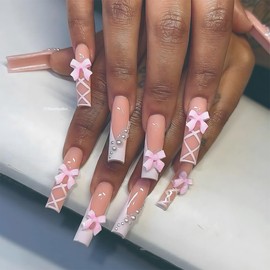 Long Square Press on Nails Glossy Pink Fake Nails with 3D Bow Designs White Pearl Line Glue on Nails Acrylic False Nail Kit French Tip Nails Reusable Artificial Nails Stick on Nails for Women, 24Pcs