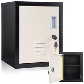 Suzile Lockable Storage Cabinet Metal Lockable Steel Storage Cabinet Organizer Lockers for Employees Vertical Metal Cabinets End Side Table Steel Bedside with Shelf(Black Beige)