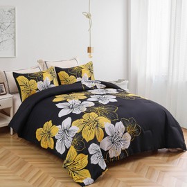 Menghomeus Queen Comforter Set Black/Gold Floral Bedding Comforter Sets Soft Microfiber Bed Comforter Set for All Season, 3 Piece Botanical Flowers Comforter, Pillowcases