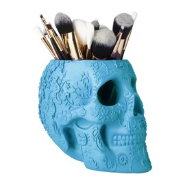Skull Makeup Brush Holder, Pen Holder, Vanity, Desk, Office Organizer, Stationary, Decor Planter, Candy Bowl, Goth Decorations, Extra Large, Skulls Gothic Skull & Bones Organizer Bathroom (Blue)
