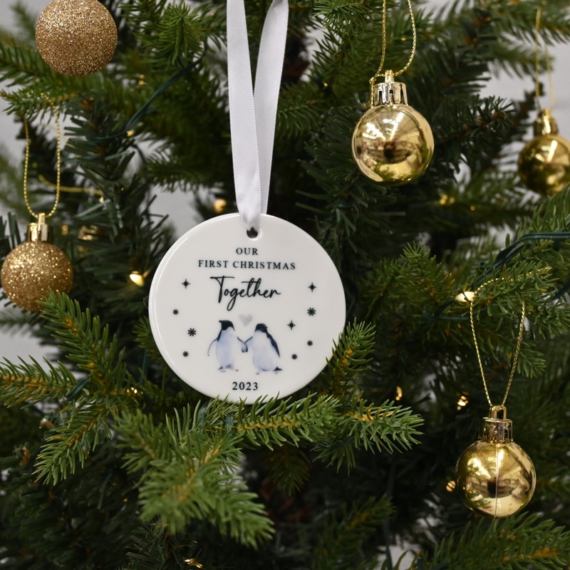 "First Christmas Together" Watercolour Penguin Design Ceramic Bauble - Perfect