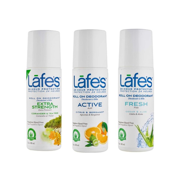 Lafe's Natural Deodorant | Men's Roll On Aluminum Free Deodorant Variety - Active, Extra Strength, Fresh | Vegan, Cruelty Free, Gluten Free, Paraben Free & Baking Soda Free with 24-Hour Protection; 3 Pack (3oz each) - Packaging May Vary