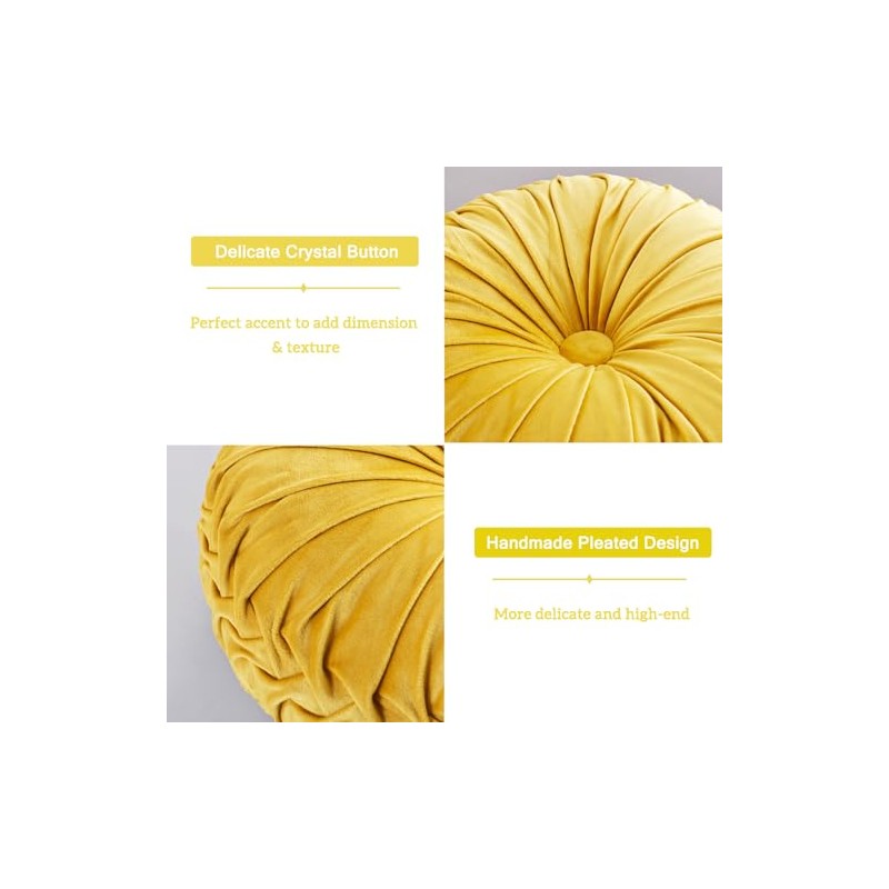 Hig Juego Almohadas Decorativas Redondas Plisadas Terciopelo Amarillo