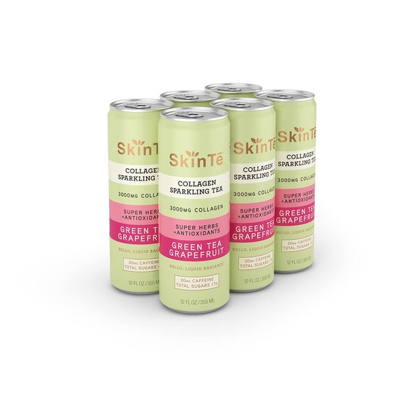 SKINTE Collagen Sparkling Tea - Green Tea Grapefruit - 3000mg Collagen Peptides & Rich in Super Herbs & Antioxidants - Benefits Hair, Skin, and Nails - Zero Added Sugar & Non GMO - 12 oz Pack of 6
