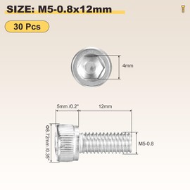 METALLIXITY Socket Head Cap Screw(M5-0.8x12mm) 30Pcs, 304 Stainless Steel Allen Socket Drive Metric - Machine Internal Hex Screw UNC Coarse Thread, Silver Tone