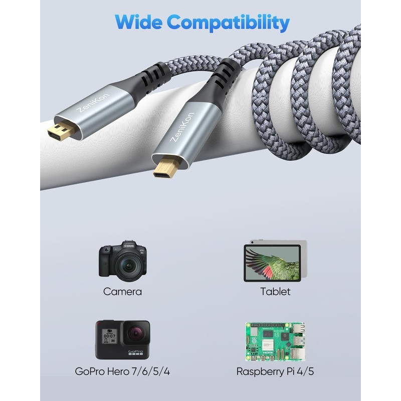 ZeniKon 4K Micro HDMI to Micro HDMI Cable 6FT, Braided