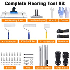 AURIXUS Self-Leveling Cement & Epoxy Floor Tool Kit – Rake, 9” Spike Rollers, 4” Paint Roller, Spiked Shoes, Extension Pole, Gloves & Accessories