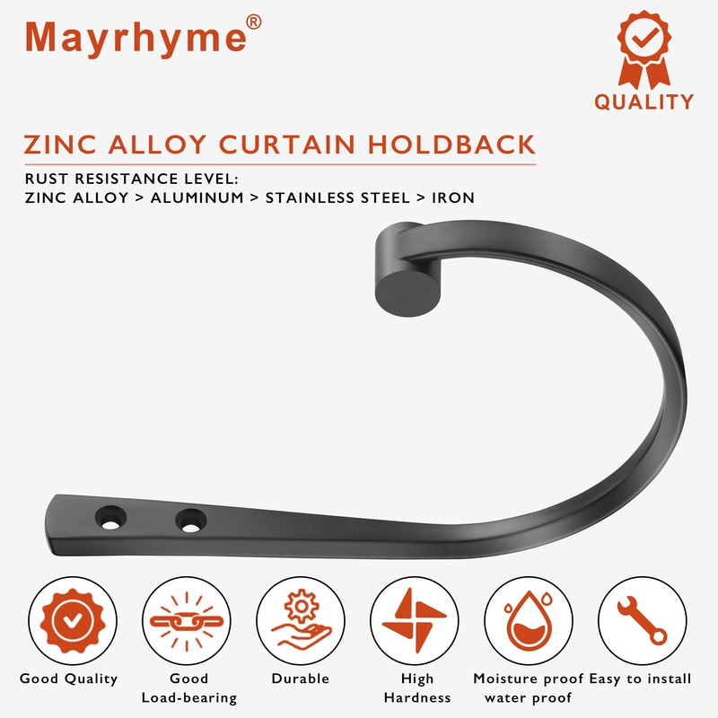 Mayrhyme Curtain Holdbacks 4Pcs,Black Barrel Zinc Alloy Curtain Tiebacks,Wall Mounted