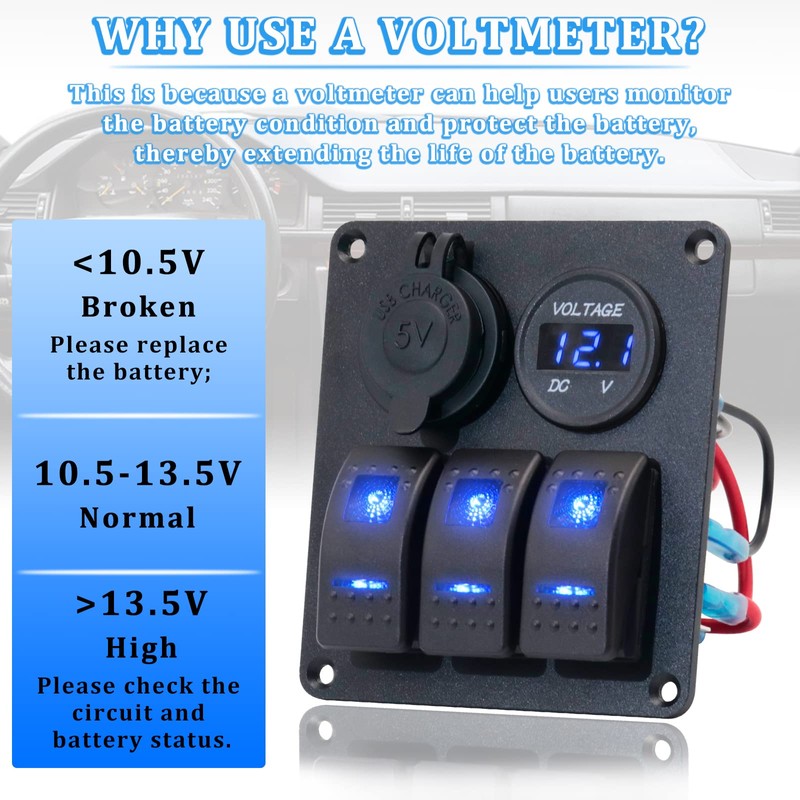 3 Gang Switch Panel, EilxMag Blue Marine Rocker Switch Panel